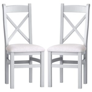 Elkin Cross Grey Wooden Dining Chairs With Fabric Seat In Pair