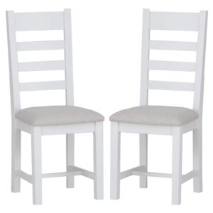 Elkin Ladder White Wooden Dining Chairs With Fabric Seat In Pair