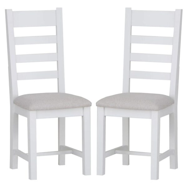 Elkin Ladder White Wooden Dining Chairs With Fabric Seat In Pair