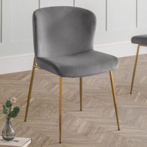 Haimi Velvet Dining Chair In Grey With Gold Metal Legs