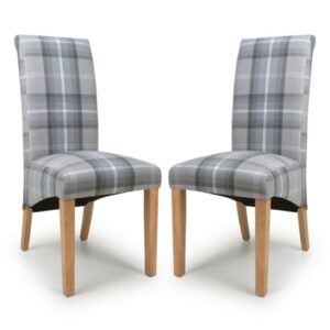 Kaduna Scroll Back Check Grey Fabric Dining Chairs In Pair