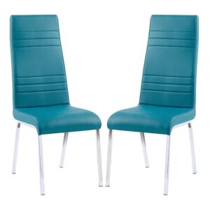 Dora Teal Faux Leather Dining Chairs With Chrome Legs In Pair