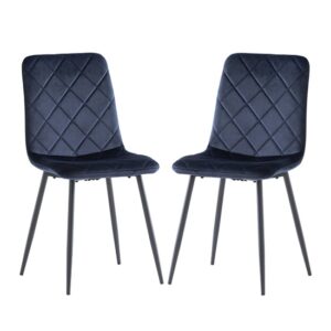 Basia Deep Blue Velvet Fabric Dining Chairs In Pair