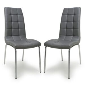 Justin Grey Faux Leather Dining Chairs With Chrome Legs In Pair